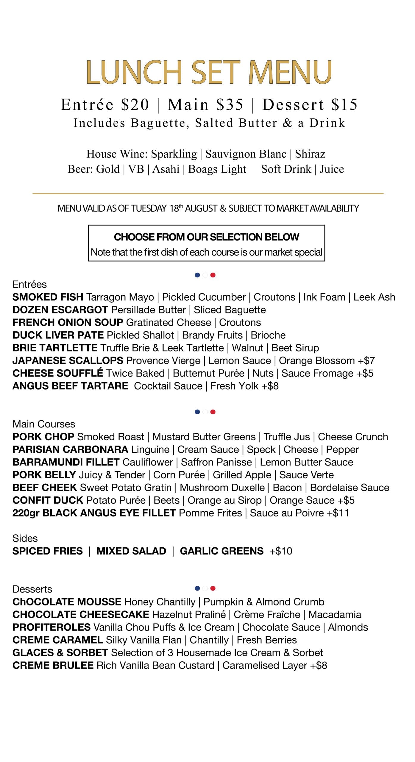 Original lunch set menu with dishes, prices and drink choices