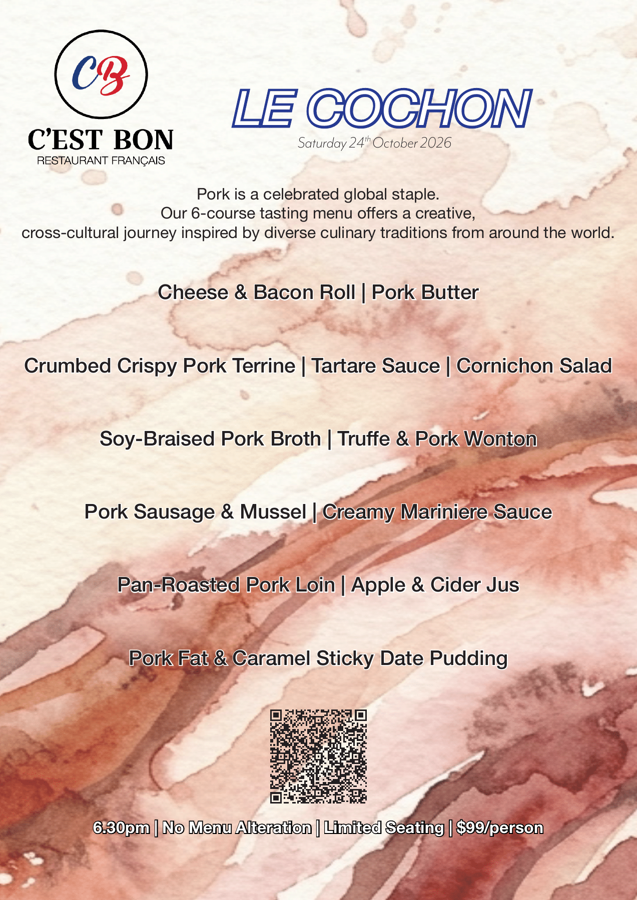 Le Cochon: six-course pork tasting menu, Saturday 24 October 2026 at 6:30pm. $99 per person. Limited seating; no menu alterations.