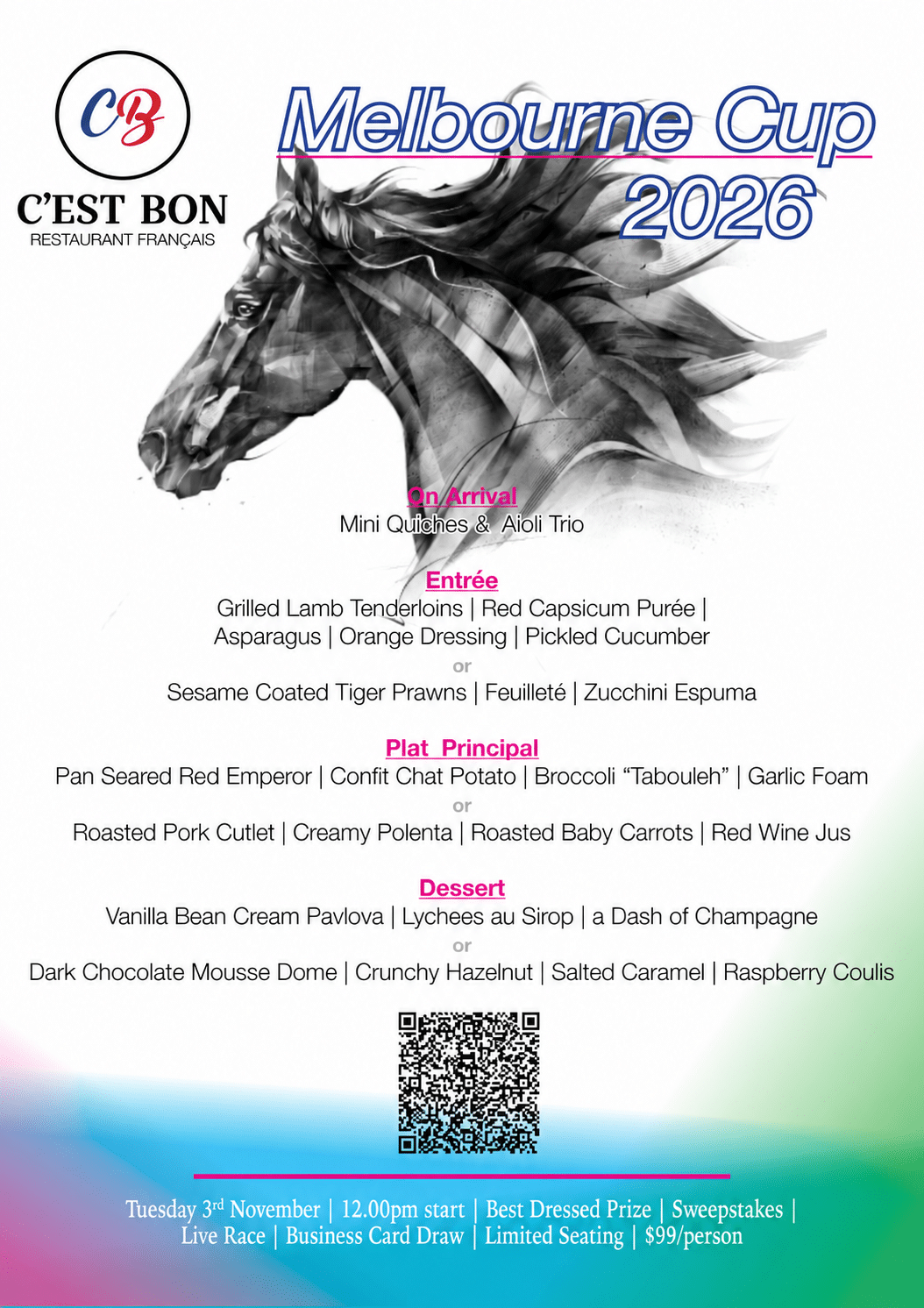 Melbourne Cup at C’est Bon: Tuesday 3 November 2026, 12 noon, $99 per person. Full menu and event details.